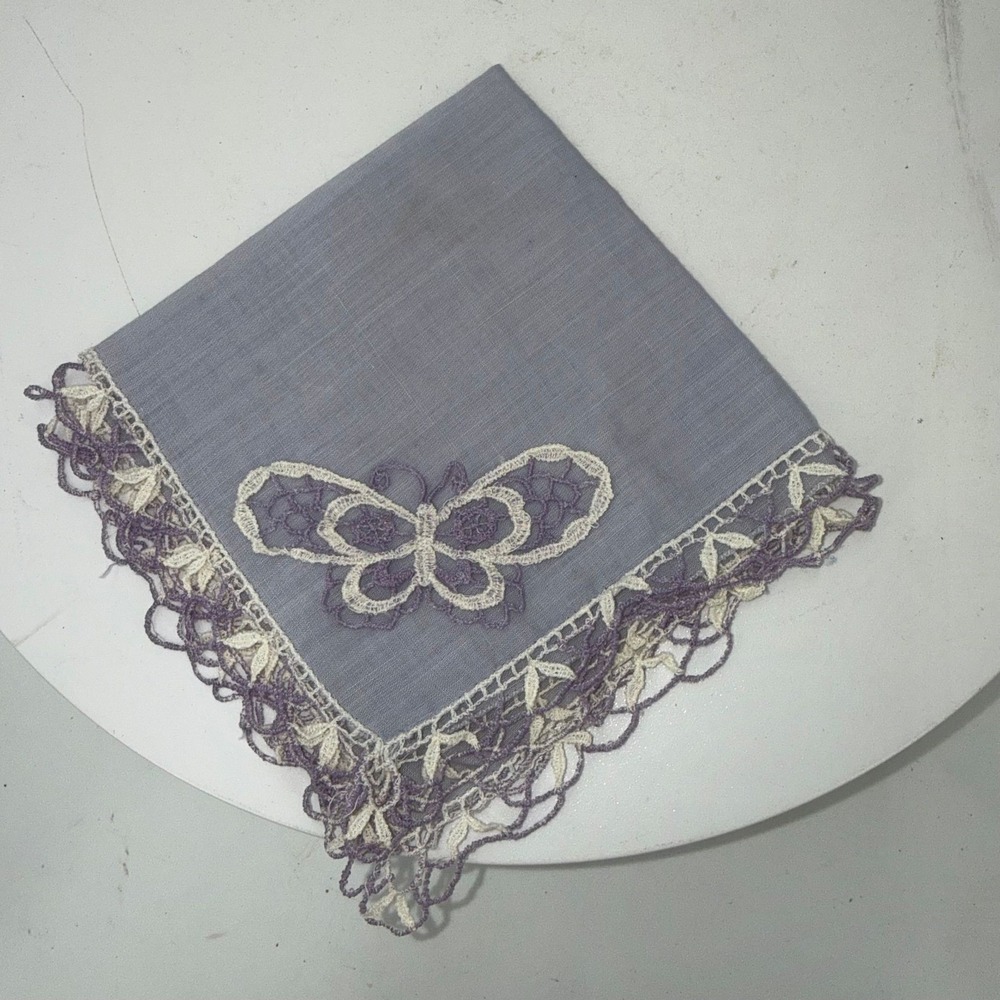 vintage lavender‎ handkerchief w/ a butterfly crochet design and lace edging